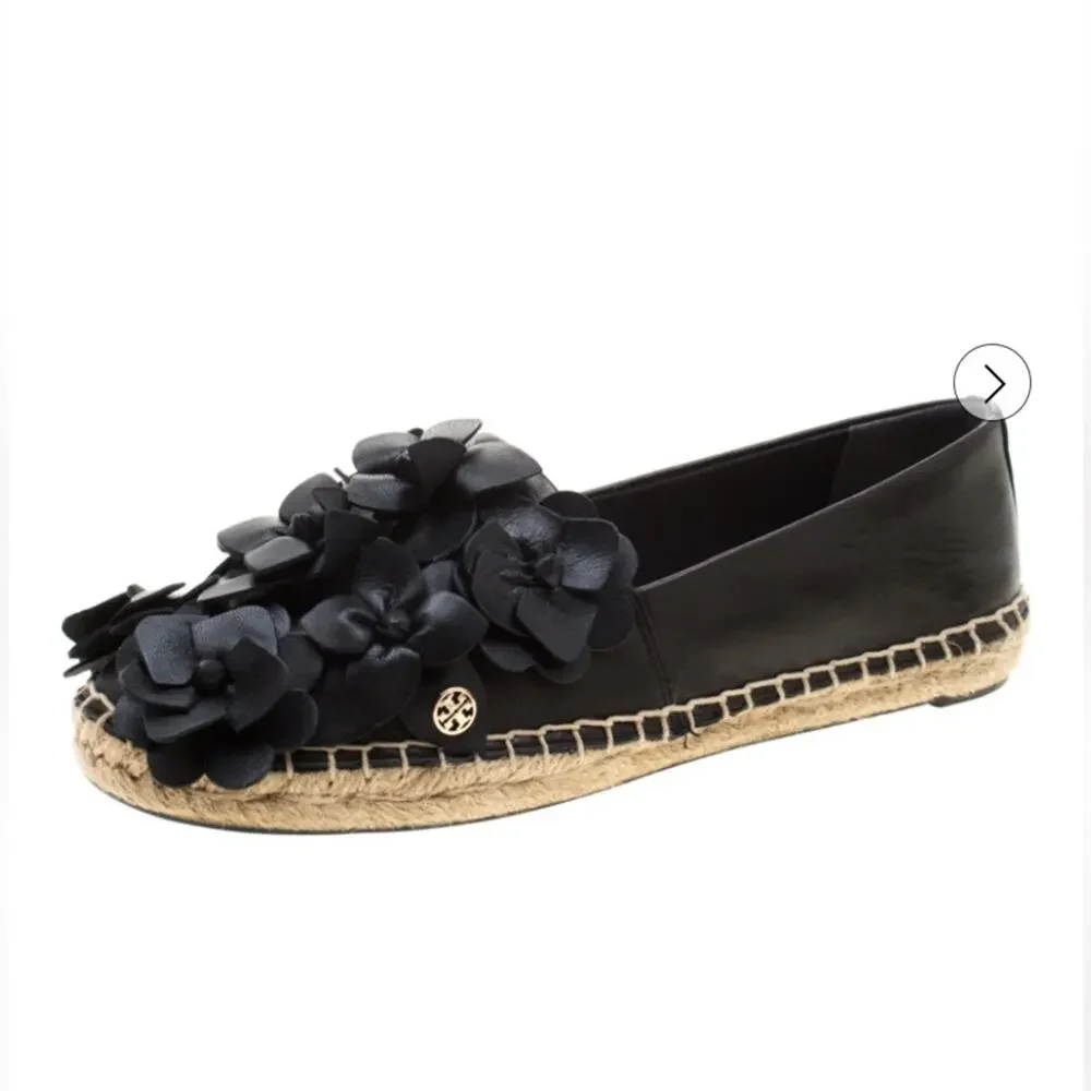 Tory Burch Black Leather Blossom Floral Applique Espadrilles Slip-on S-144 Sz 7